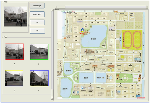 面向移动终端的地标搜索和导航系统“Where am I”(演示中地图为磁力片
校园图)